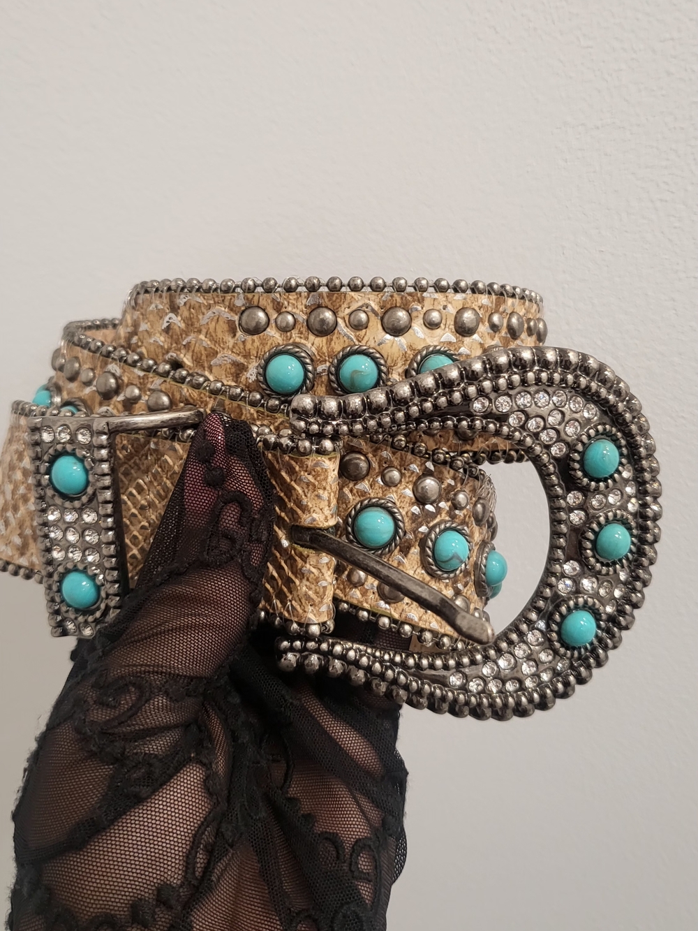 Woven Tan Leather Belt with Turquoise Stones and Rhinestone Buckle